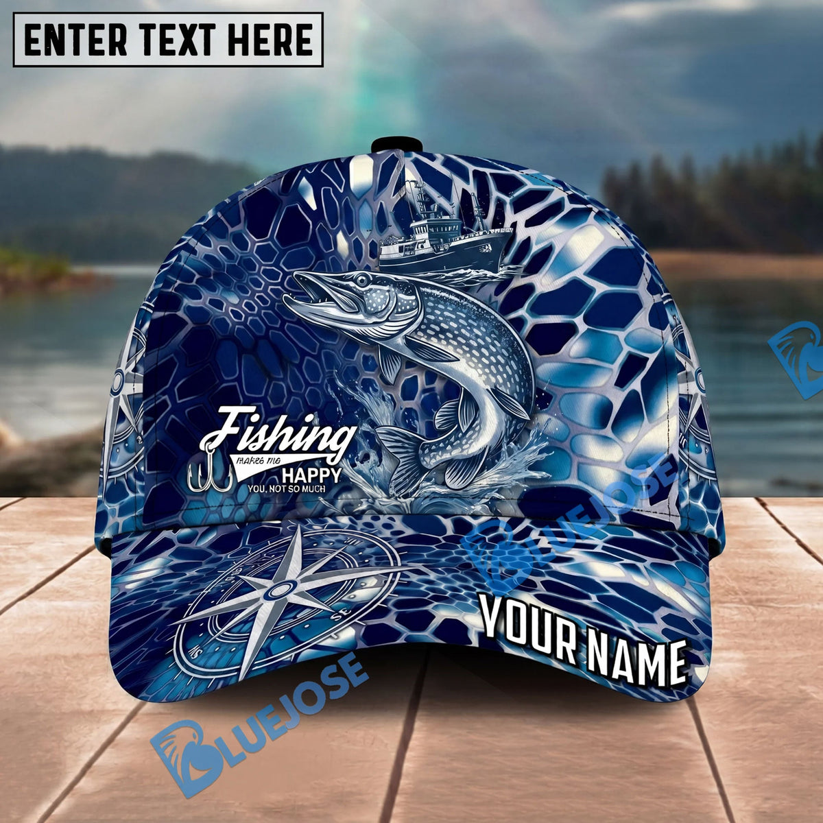 BlueJose Fishing Blue Ship Compass Personalized Name Classic 3D Cap Personalized Cap (13 Breeds)