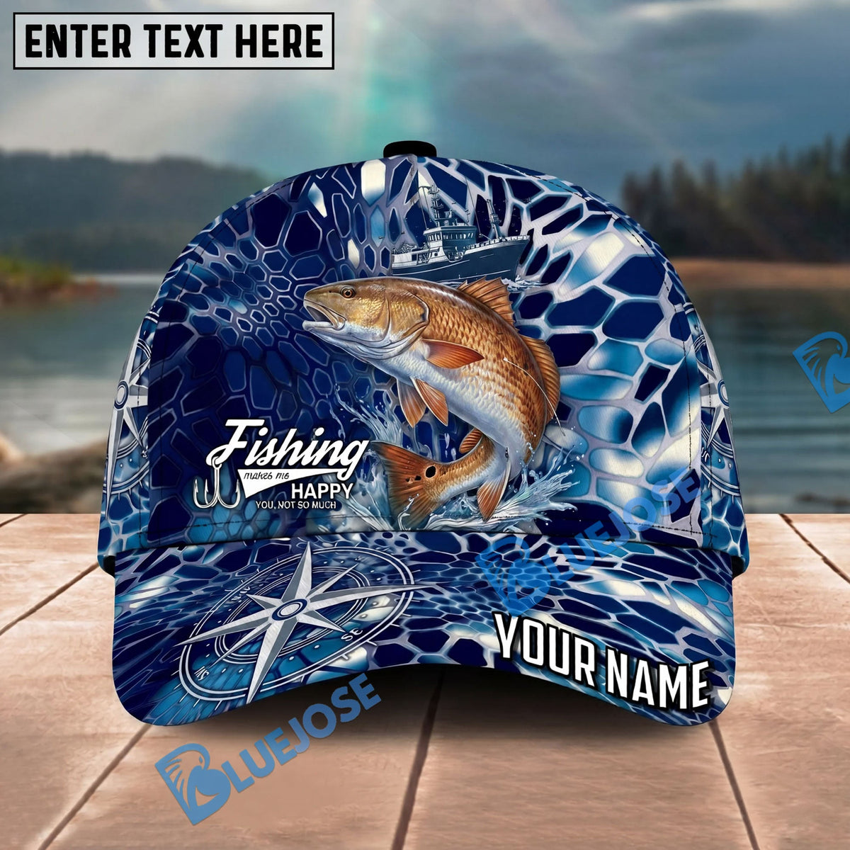 BlueJose Fishing Blue Ship Compass Personalized Name Classic 3D Cap Personalized Cap (13 Breeds)