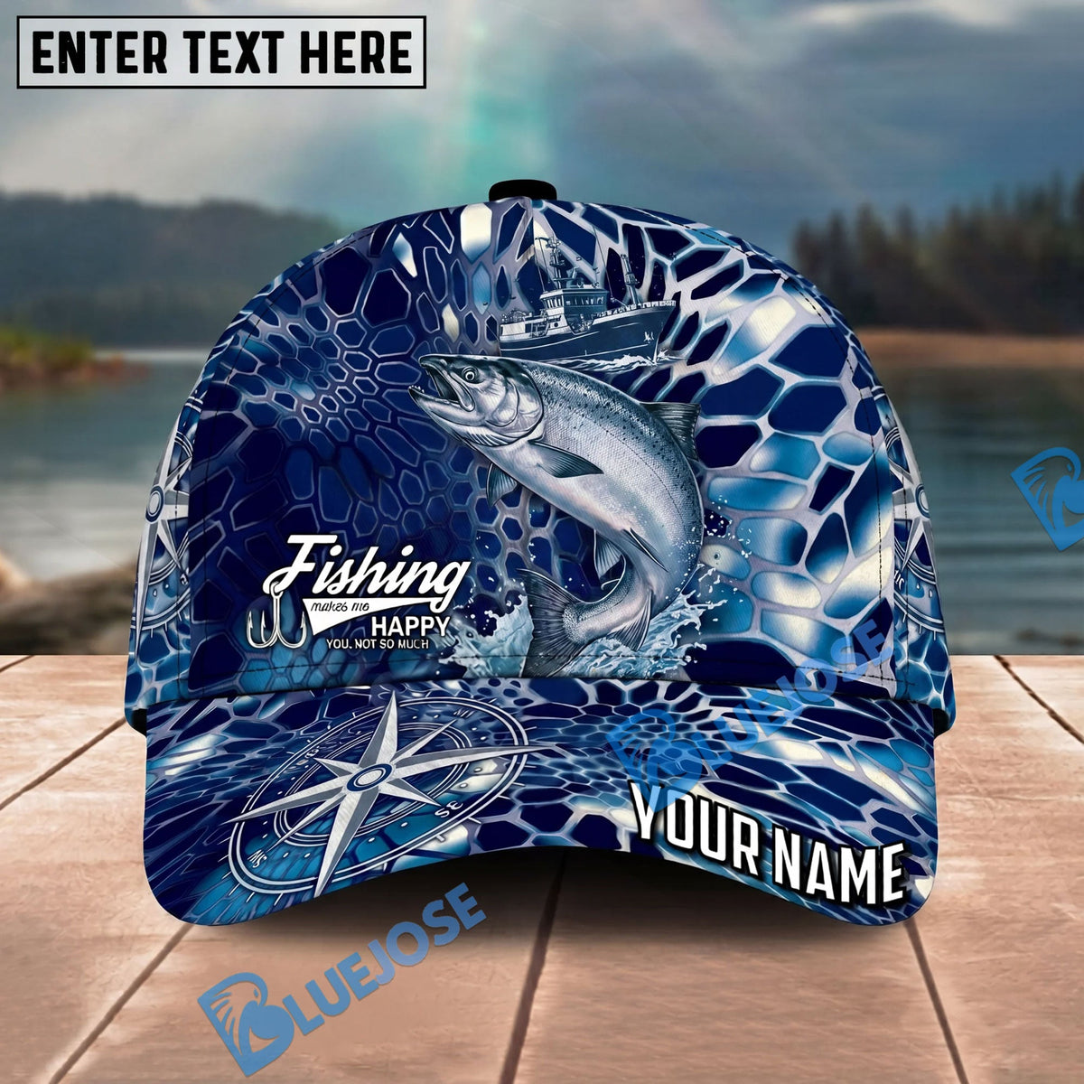 BlueJose Fishing Blue Ship Compass Personalized Name Classic 3D Cap Personalized Cap (13 Breeds)