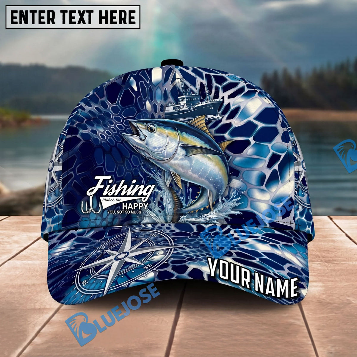 BlueJose Fishing Blue Ship Compass Personalized Name Classic 3D Cap Personalized Cap (13 Breeds)