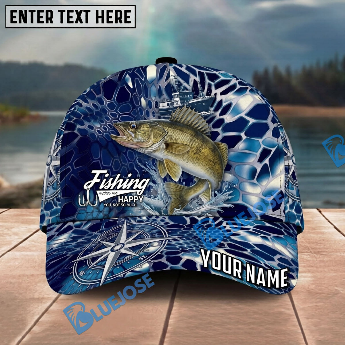 BlueJose Fishing Blue Ship Compass Personalized Name Classic 3D Cap Personalized Cap (13 Breeds)