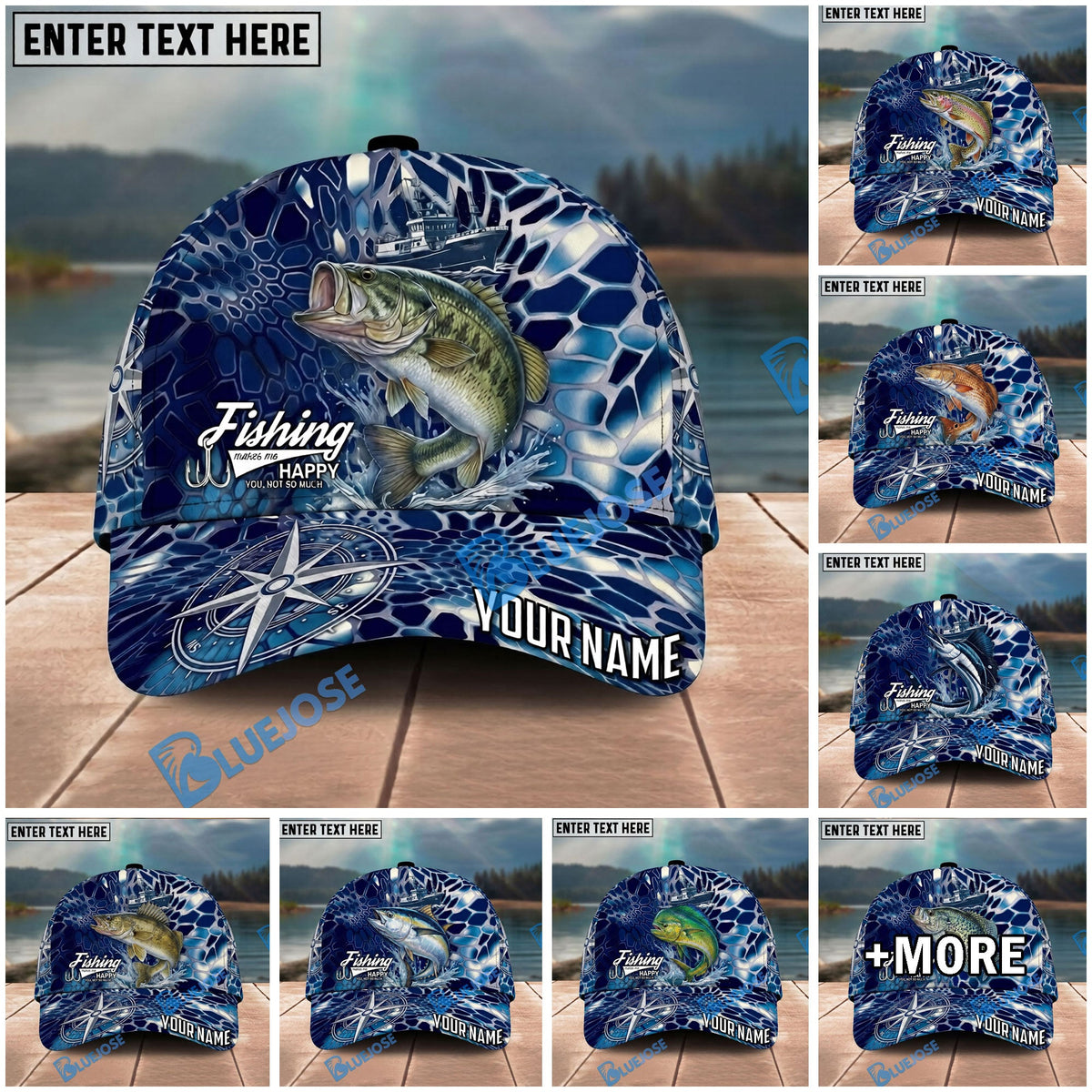 BlueJose Fishing Blue Ship Compass Personalized Name Classic 3D Cap Personalized Cap (13 Breeds)