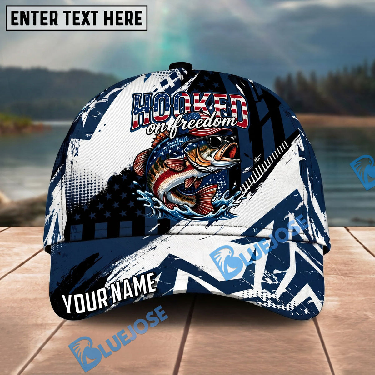 BlueJose Fishing Patriotic Hooked On Freedom Graphic Personalized Name Classic 3D Cap Personalized Cap (13 Breeds)
