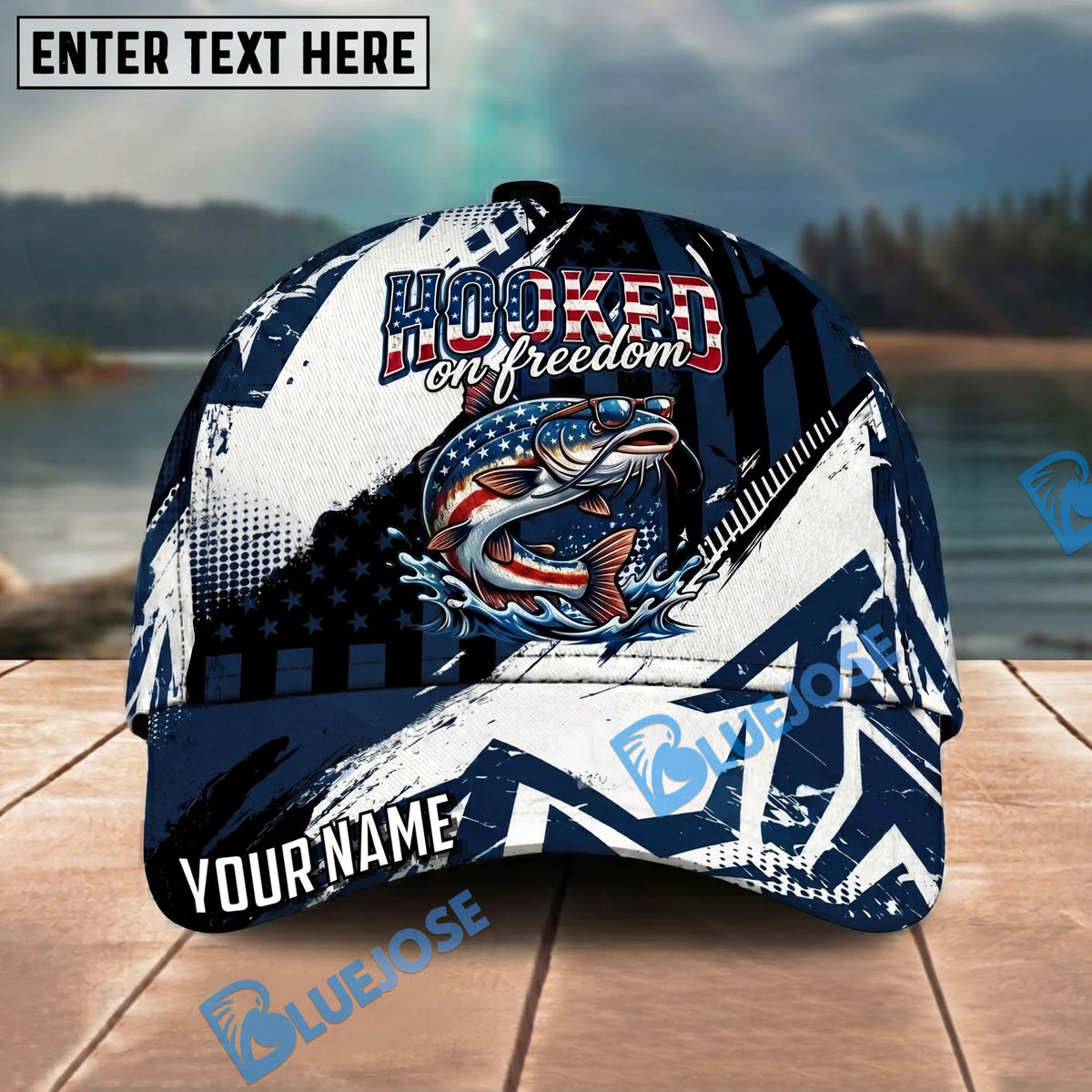 BlueJose Fishing Patriotic Hooked On Freedom Graphic Personalized Name Classic 3D Cap Personalized Cap (13 Breeds)