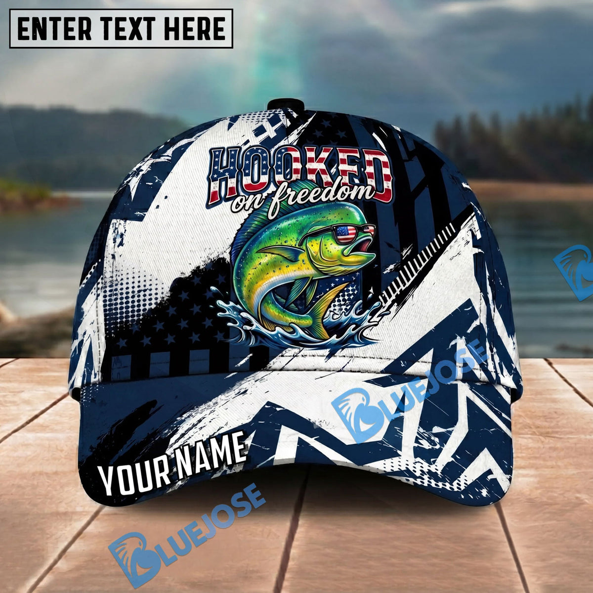 BlueJose Fishing Patriotic Hooked On Freedom Graphic Personalized Name Classic 3D Cap Personalized Cap (13 Breeds)
