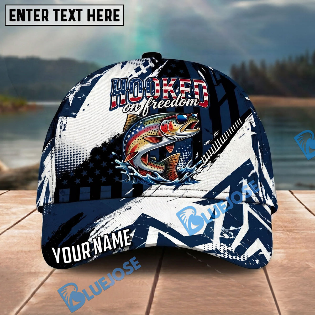 BlueJose Fishing Patriotic Hooked On Freedom Graphic Personalized Name Classic 3D Cap Personalized Cap (13 Breeds)