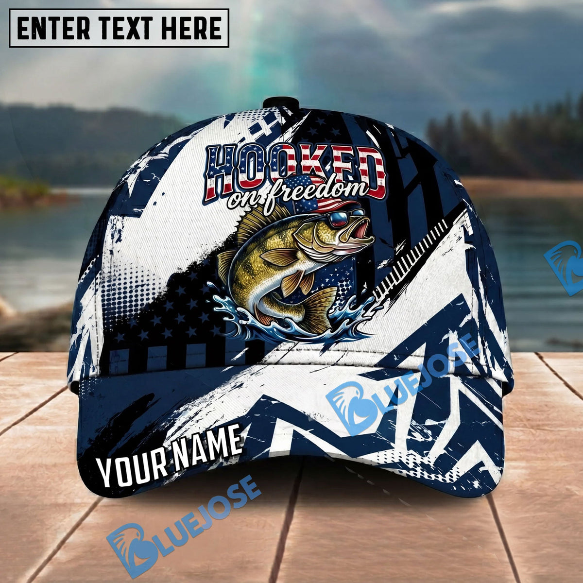 BlueJose Fishing Patriotic Hooked On Freedom Graphic Personalized Name Classic 3D Cap Personalized Cap (13 Breeds)
