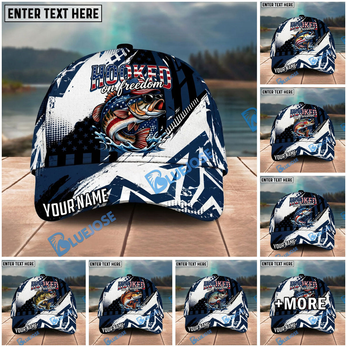 BlueJose Fishing Patriotic Hooked On Freedom Graphic Personalized Name Classic 3D Cap Personalized Cap (13 Breeds)