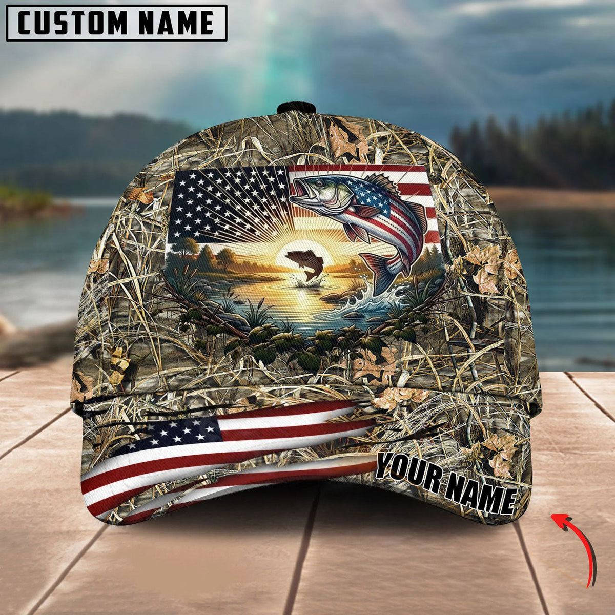 BlueJose Fishing American Flag Sunrise Farm Scene Camo Custom Name 3D Cap (12 Breeds)