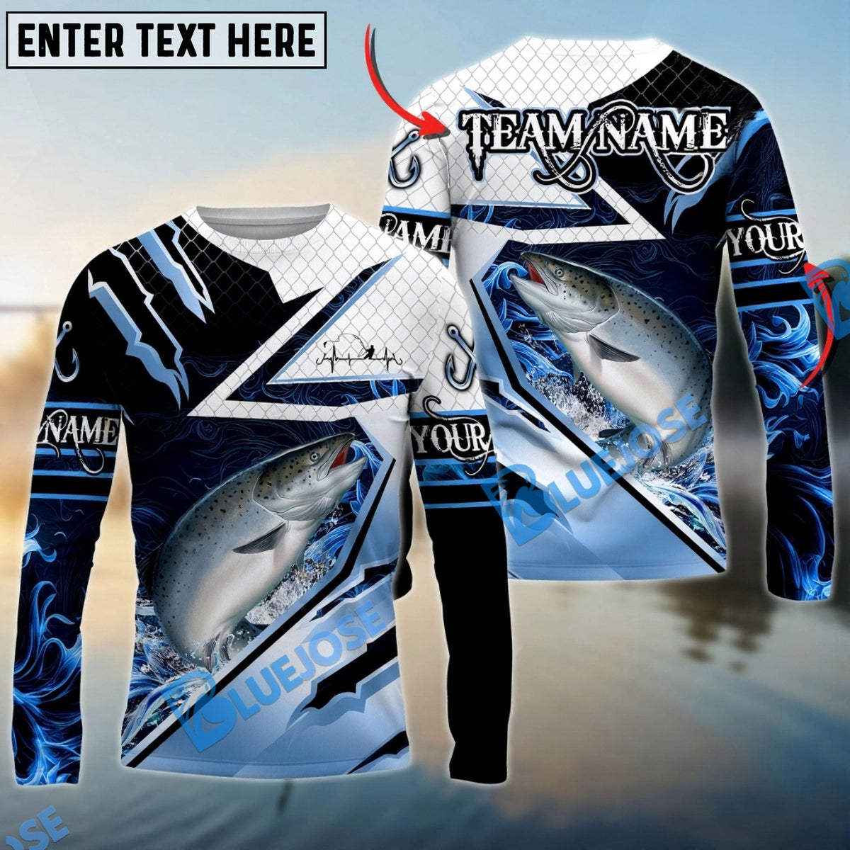 BlueJose Chinook Salmon Fishing Splash Blue Water Hook Scratch Sport Custom Name & Team Name 3D Shirts