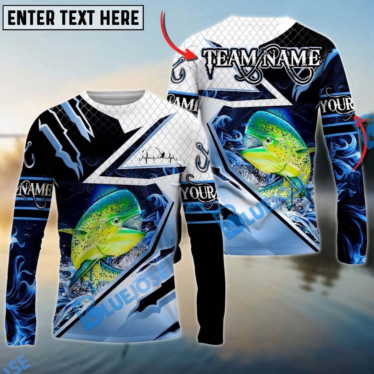 BlueJose Mahi-Mahi Fishing Splash Blue Water Hook Scratch Sport Custom Name & Team Name 3D Shirts