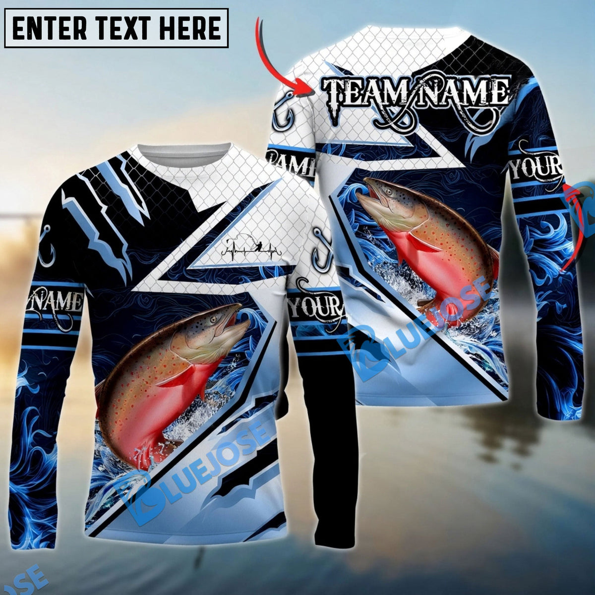 BlueJose Salmon Fishing Splash Blue Water Hook Scratch Sport Custom Name & Team Name 3D Shirts