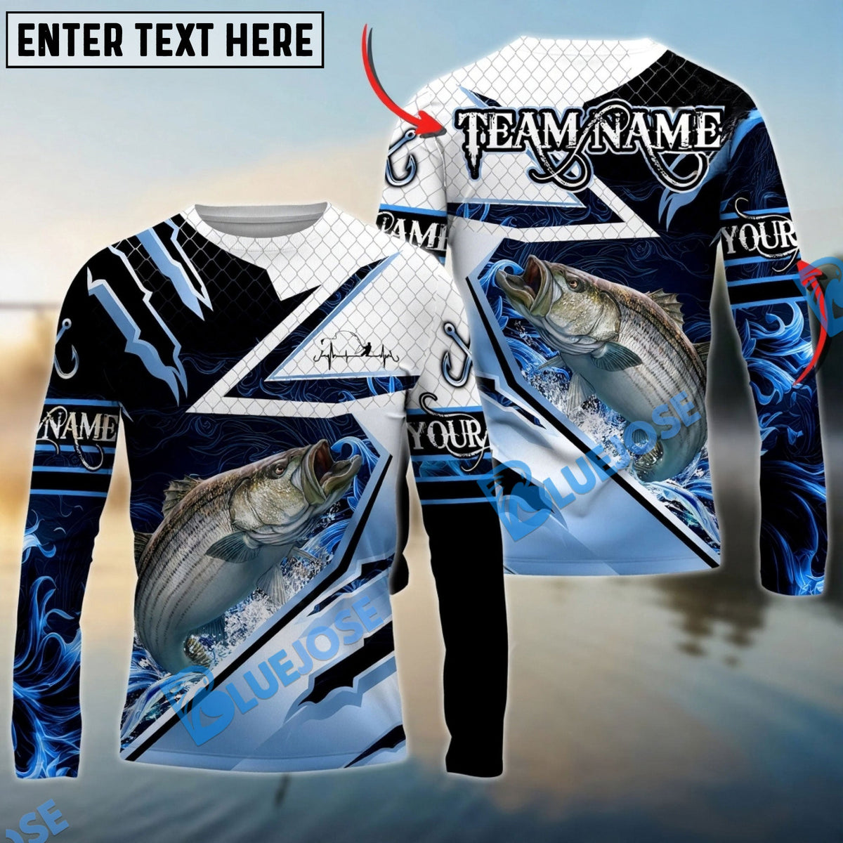 BlueJose Striped Bass Fishing Splash Blue Water Hook Scratch Sport Custom Name & Team Name 3D Shirts