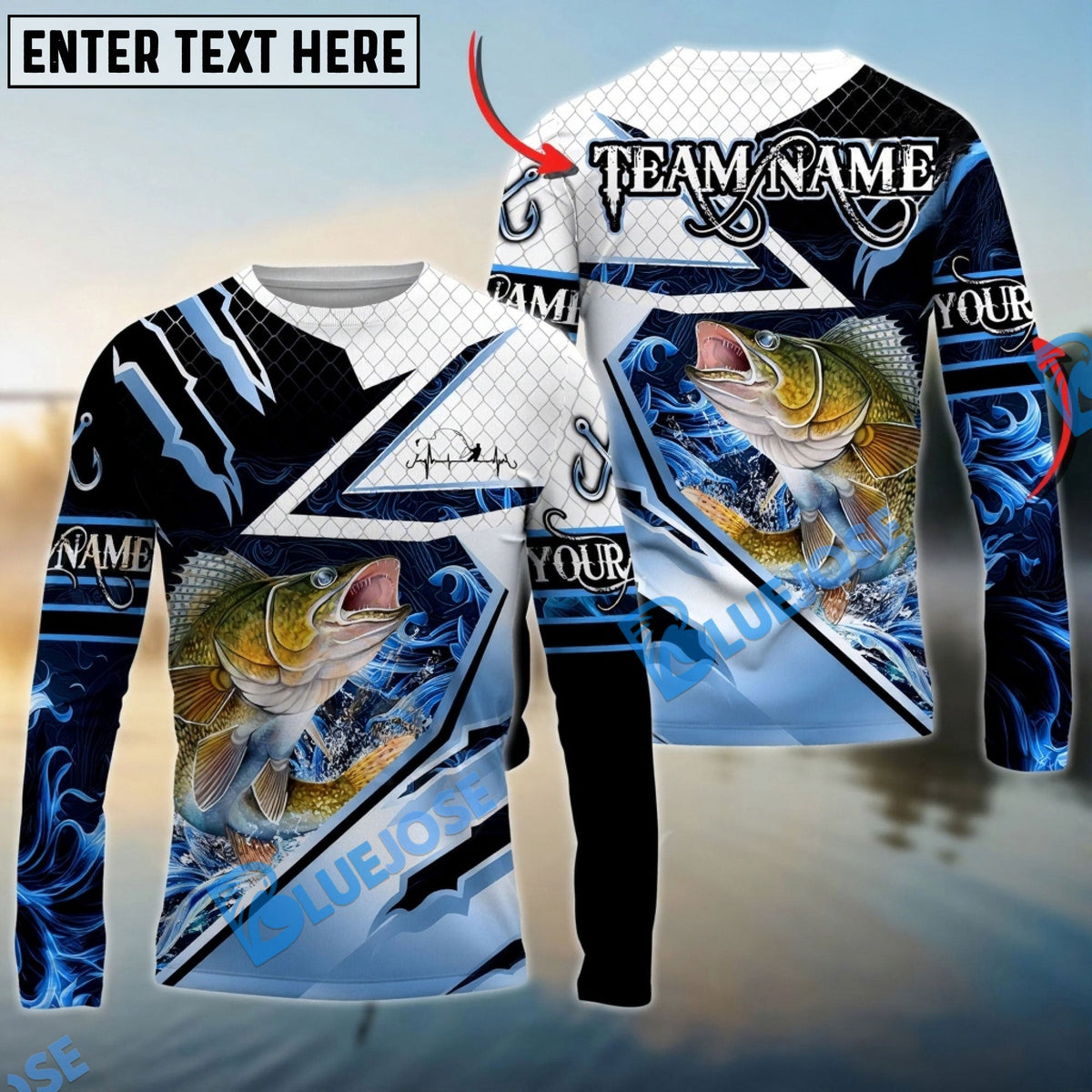 BlueJose Walleye Fishing Splash Blue Water Hook Scratch Sport Custom Name & Team Name 3D Shirts