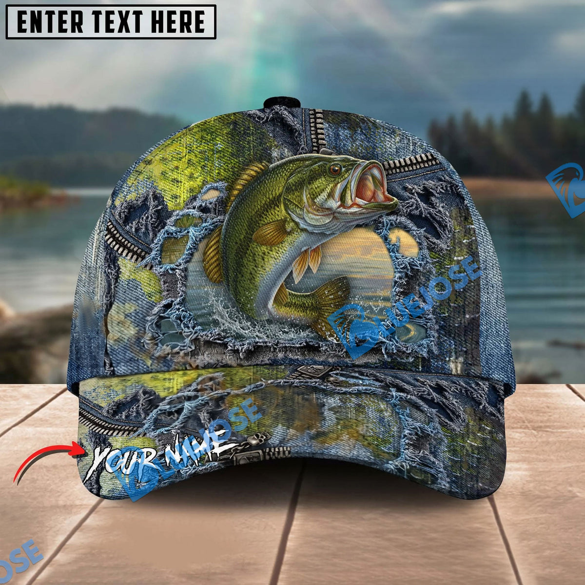 BlueJose Fishing Ripped Denim Fish Fkin Style Personalized Name Classic 3D Cap Personalized Cap (13 Breeds)