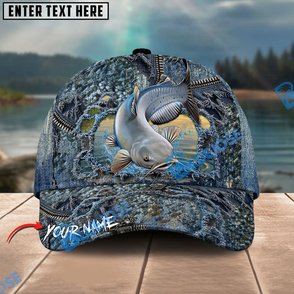 BlueJose Fishing Ripped Denim Fish Fkin Style Personalized Name Classic 3D Cap Personalized Cap (13 Breeds)