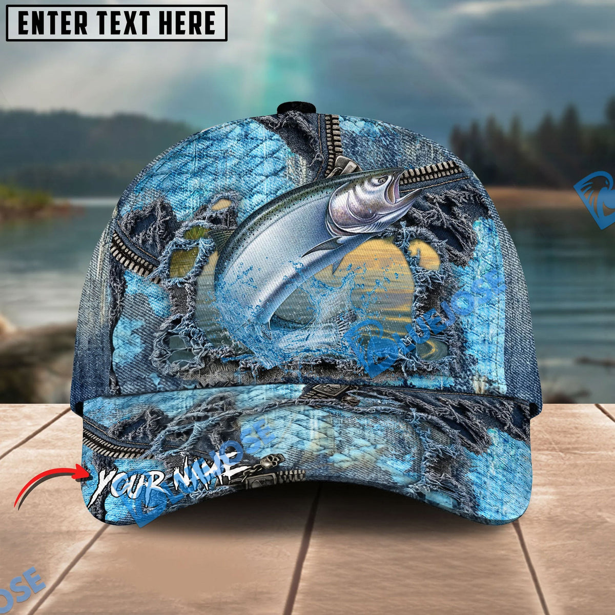 BlueJose Fishing Ripped Denim Fish Fkin Style Personalized Name Classic 3D Cap Personalized Cap (13 Breeds)