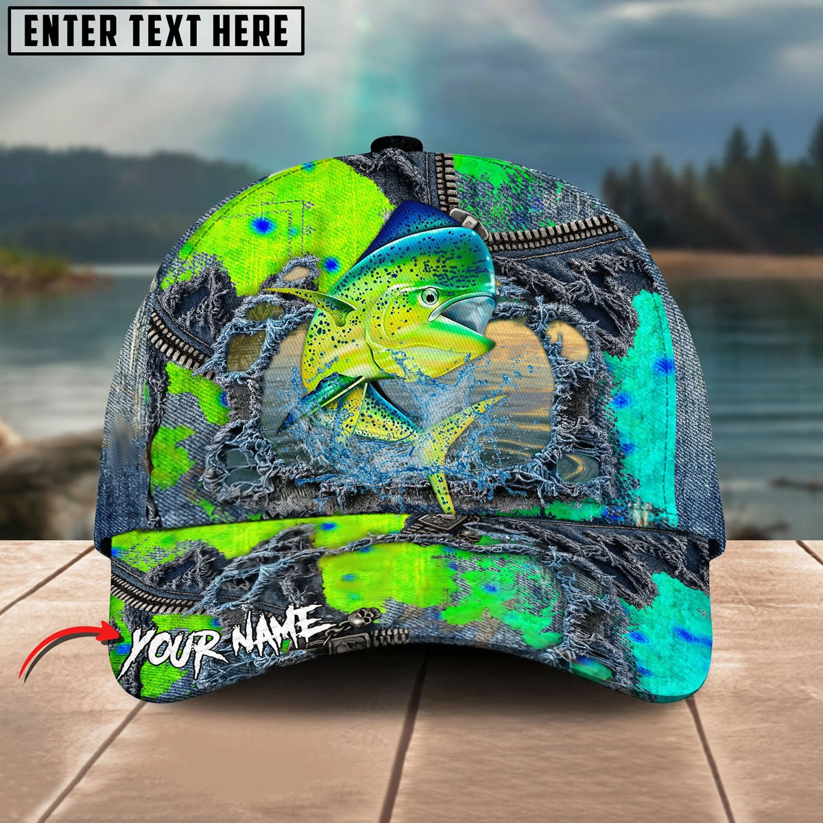 BlueJose Fishing Ripped Denim Fish Fkin Style Personalized Name Classic 3D Cap Personalized Cap (13 Breeds)