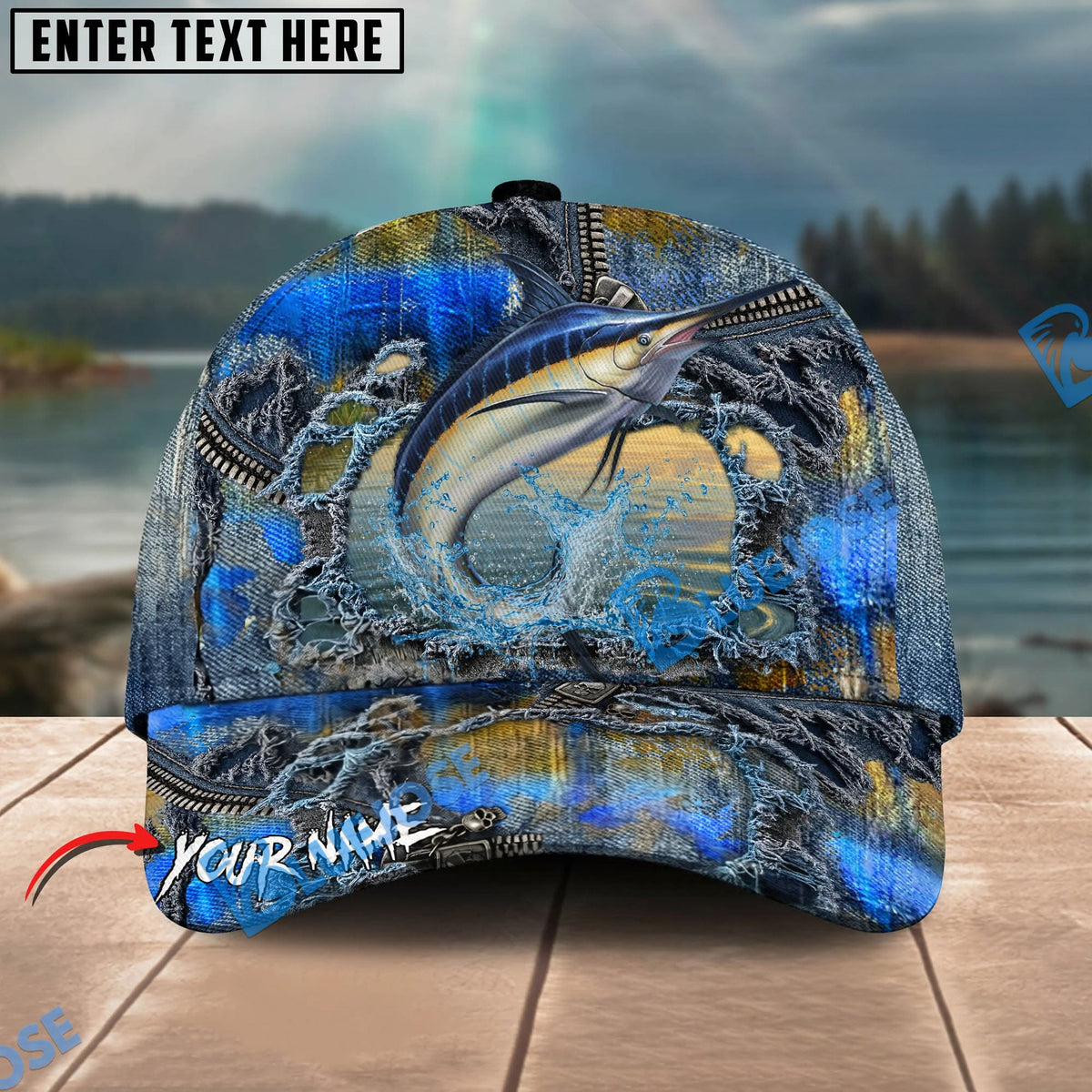 BlueJose Fishing Ripped Denim Fish Fkin Style Personalized Name Classic 3D Cap Personalized Cap (13 Breeds)