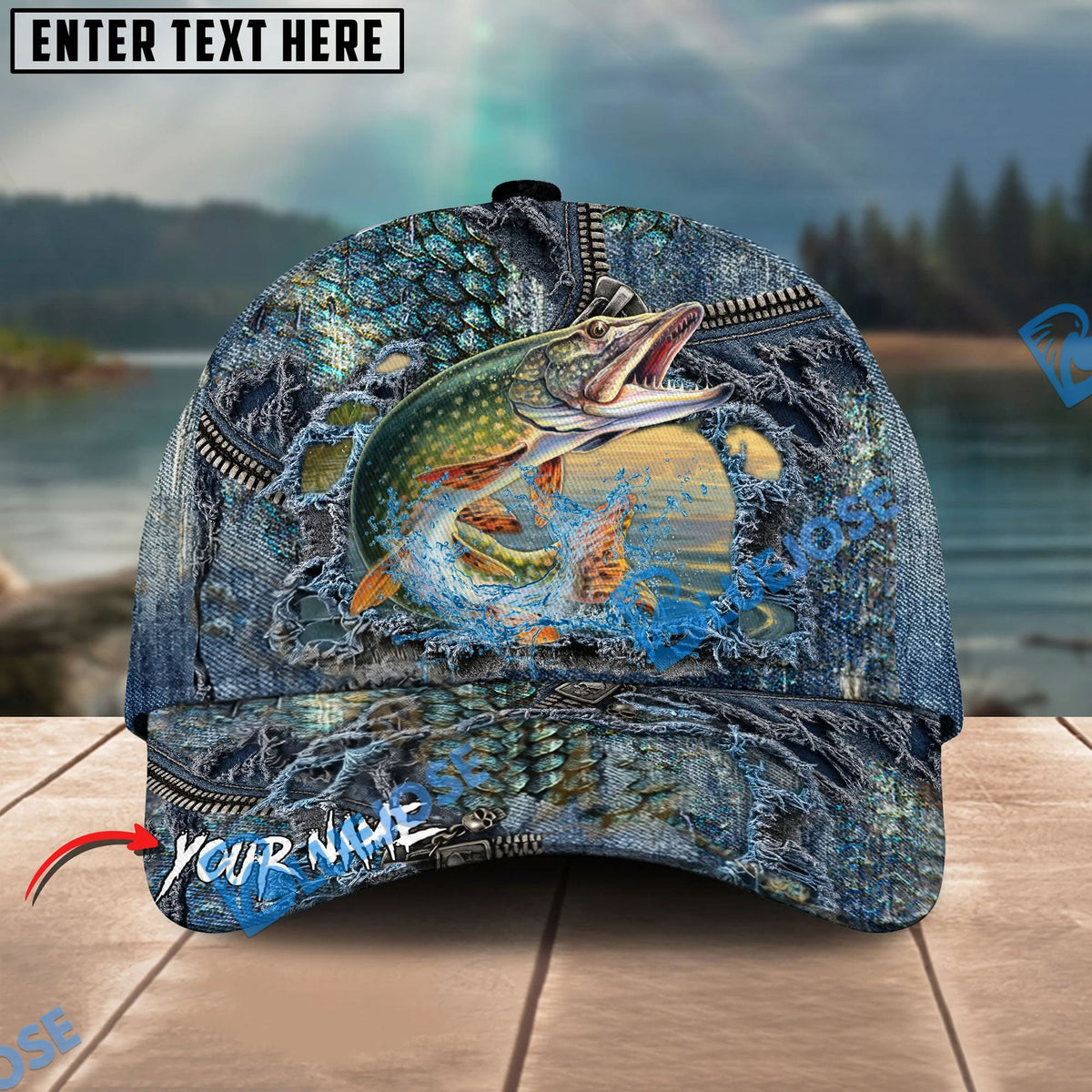 BlueJose Fishing Ripped Denim Fish Fkin Style Personalized Name Classic 3D Cap Personalized Cap (13 Breeds)