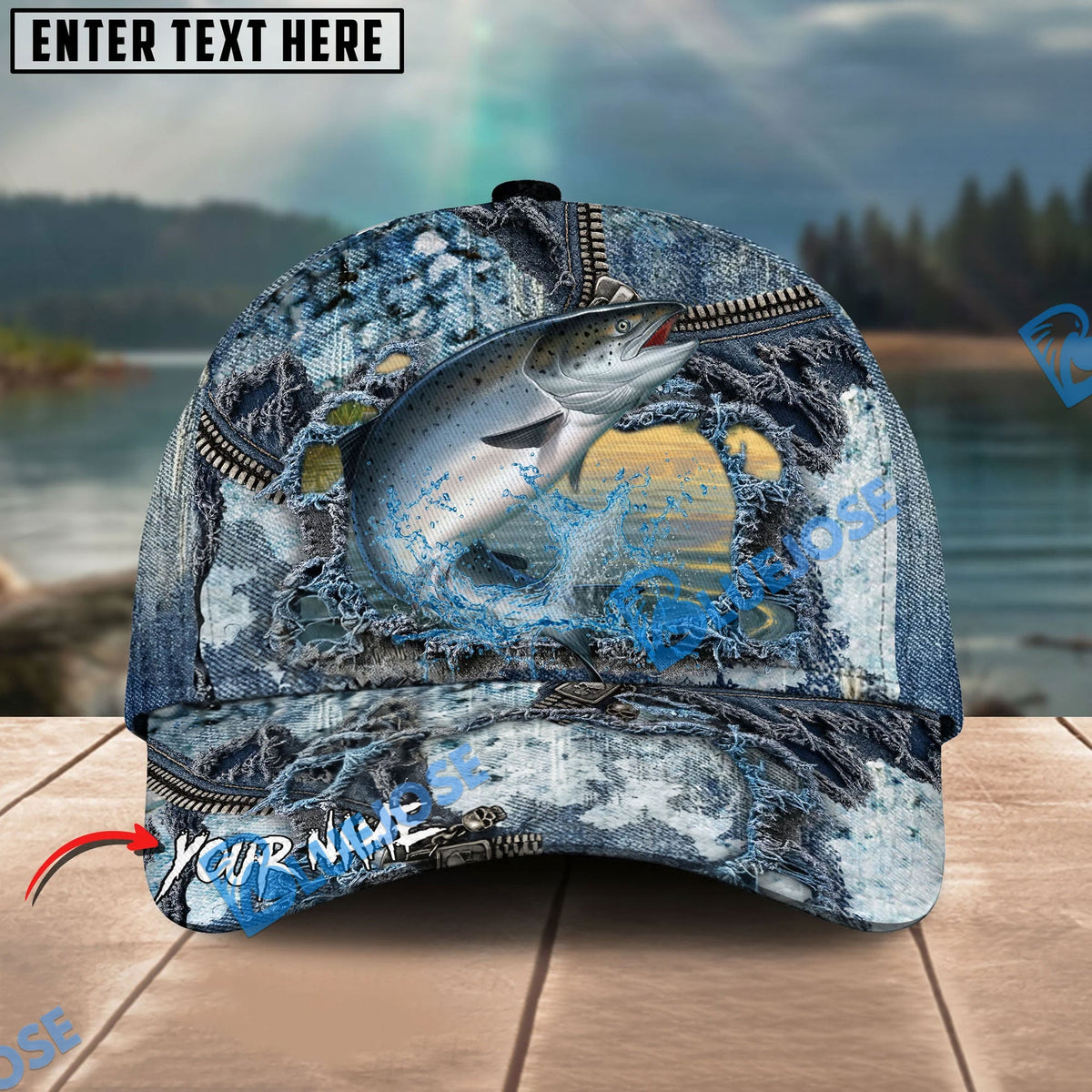 BlueJose Fishing Ripped Denim Fish Fkin Style Personalized Name Classic 3D Cap Personalized Cap (13 Breeds)