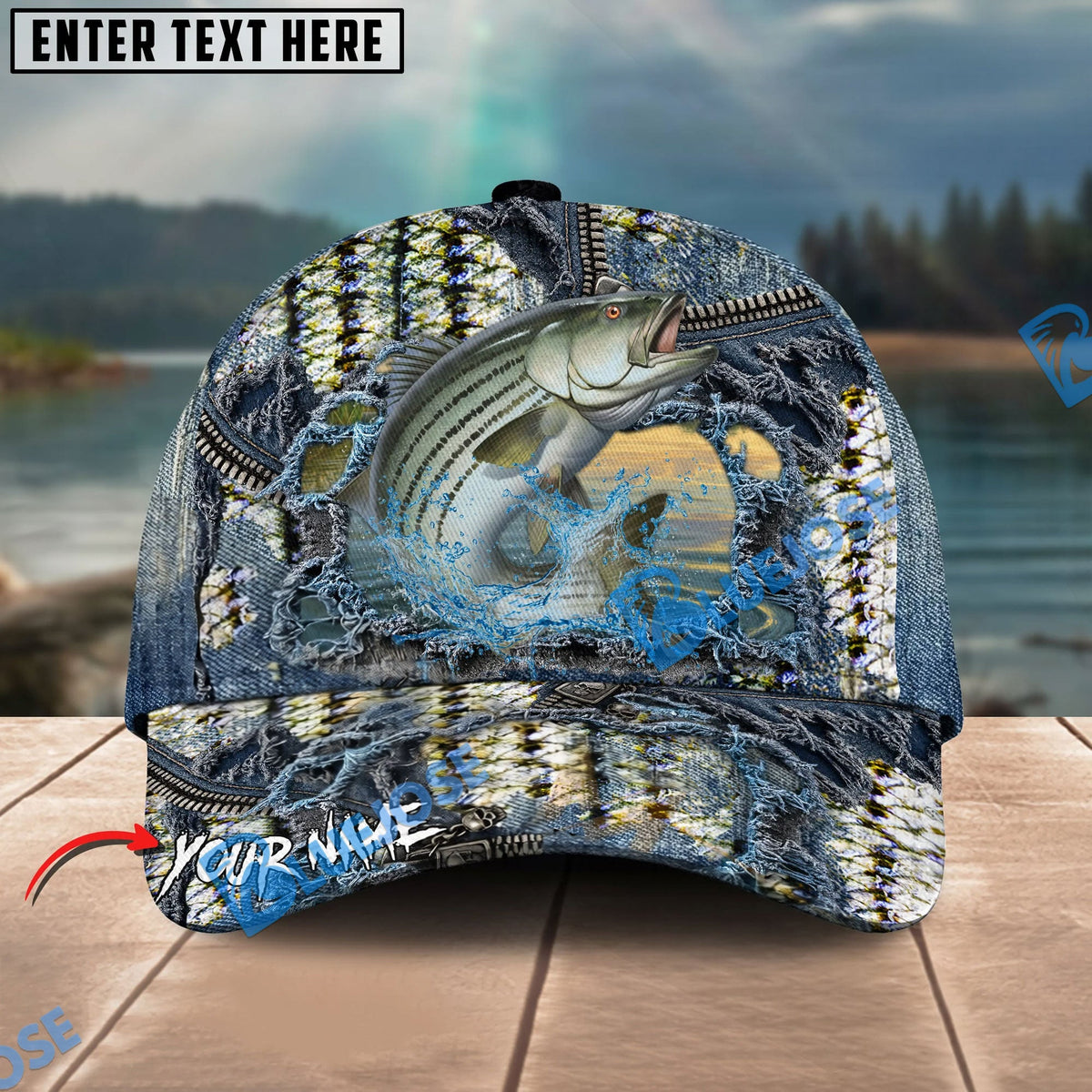 BlueJose Fishing Ripped Denim Fish Fkin Style Personalized Name Classic 3D Cap Personalized Cap (13 Breeds)