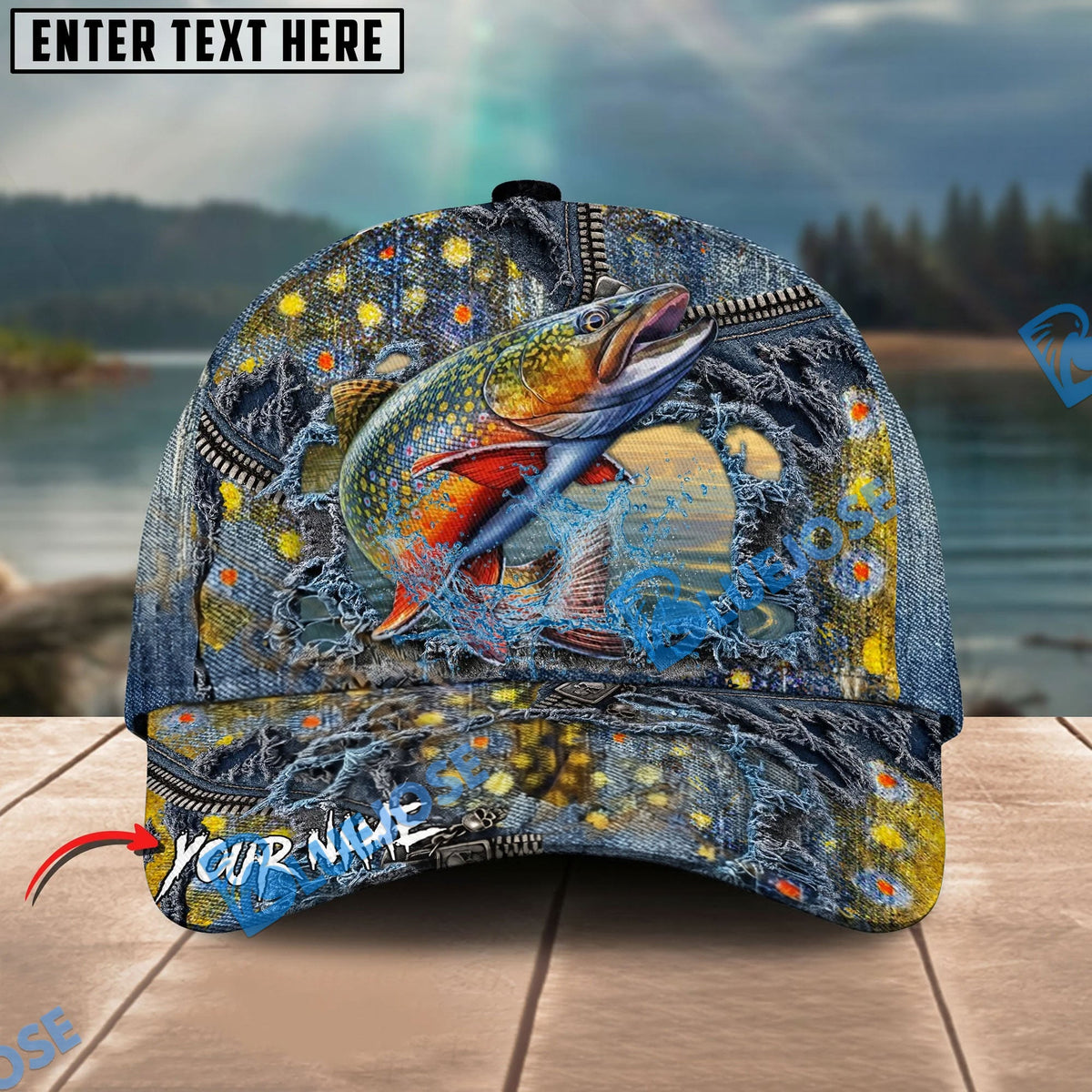 BlueJose Fishing Ripped Denim Fish Fkin Style Personalized Name Classic 3D Cap Personalized Cap (13 Breeds)