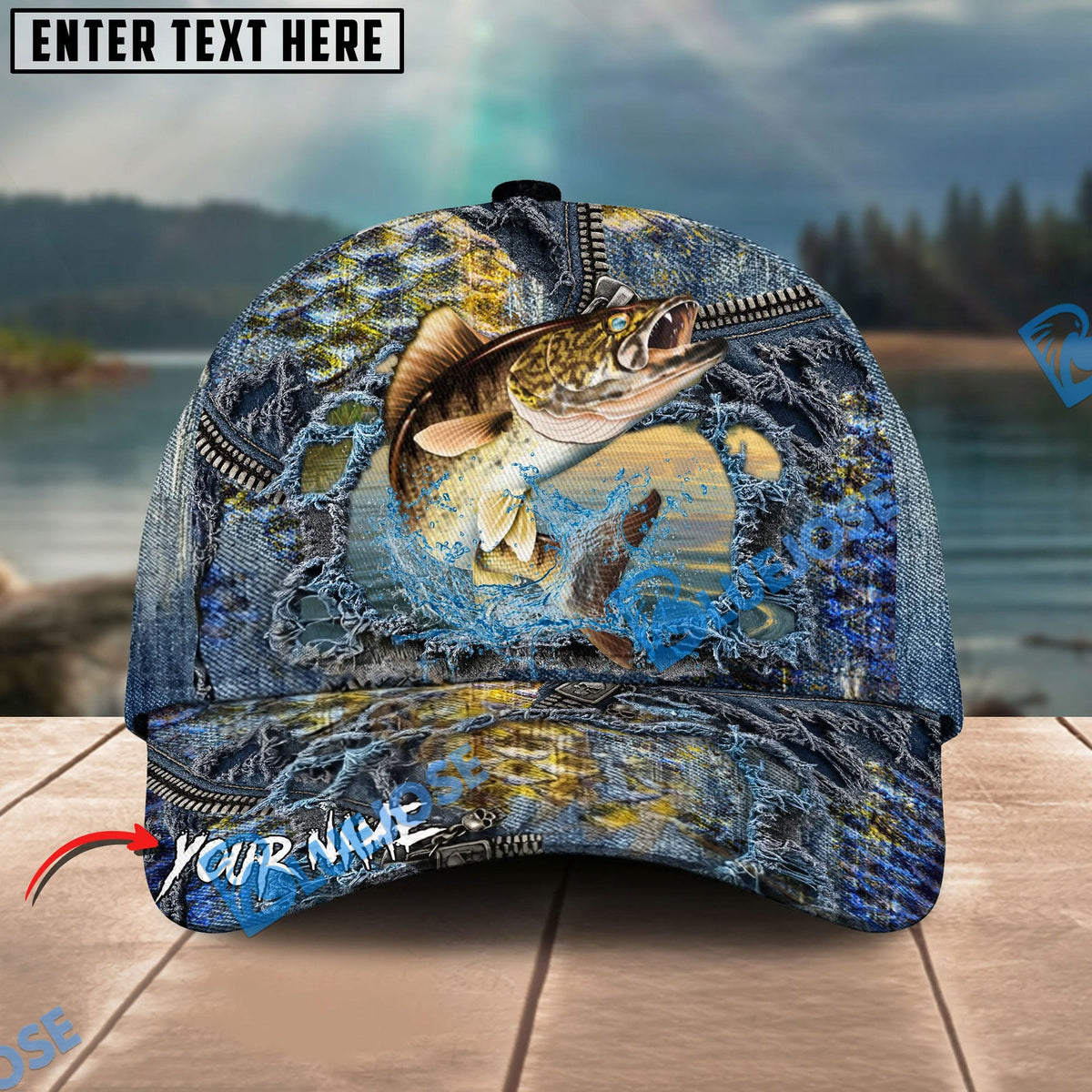 BlueJose Fishing Ripped Denim Fish Fkin Style Personalized Name Classic 3D Cap Personalized Cap (13 Breeds)