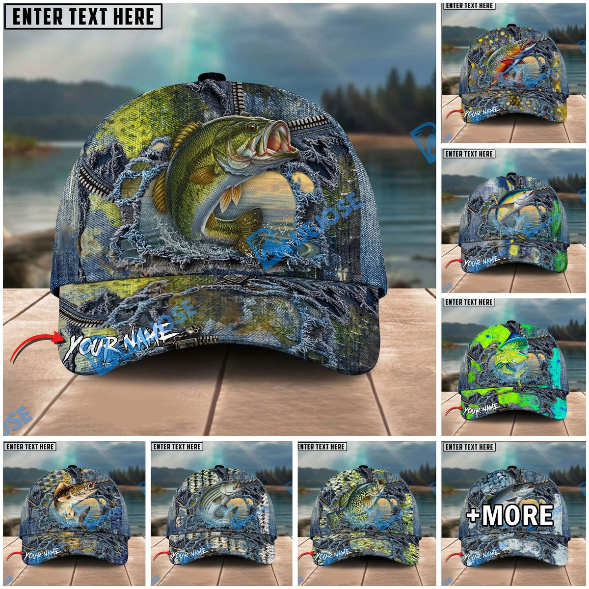 BlueJose Fishing Ripped Denim Fish Fkin Style Personalized Name Classic 3D Cap Personalized Cap (13 Breeds)