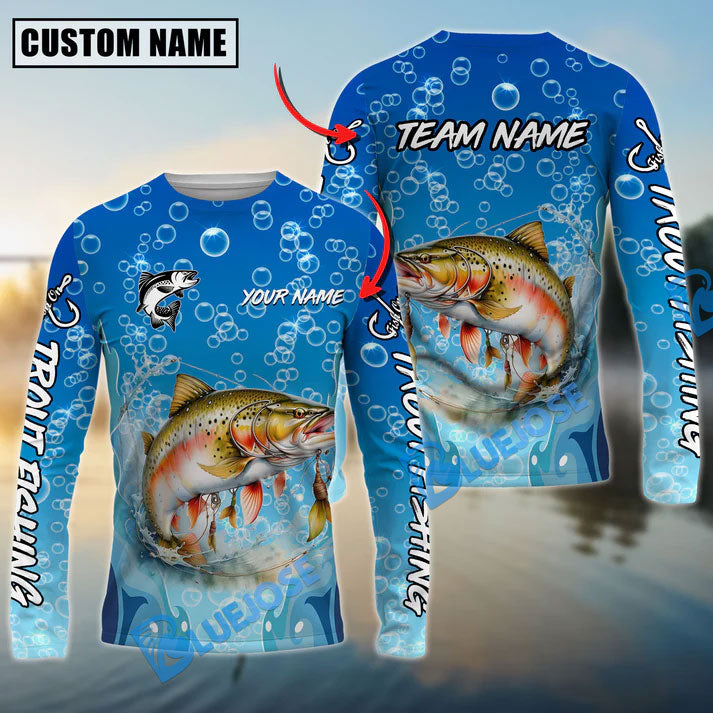 BlueJose Trout Fishing Funny Cartoon Bubble Design Name & Team Name 3D Shirts