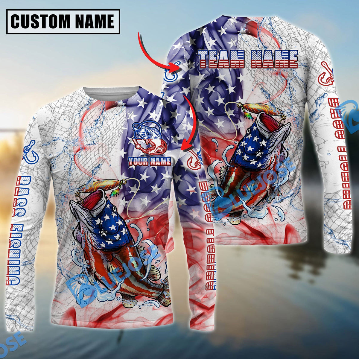 BlueJose Bass Fishing US Flag Pattern Design Name & Team Name 3D Shirts