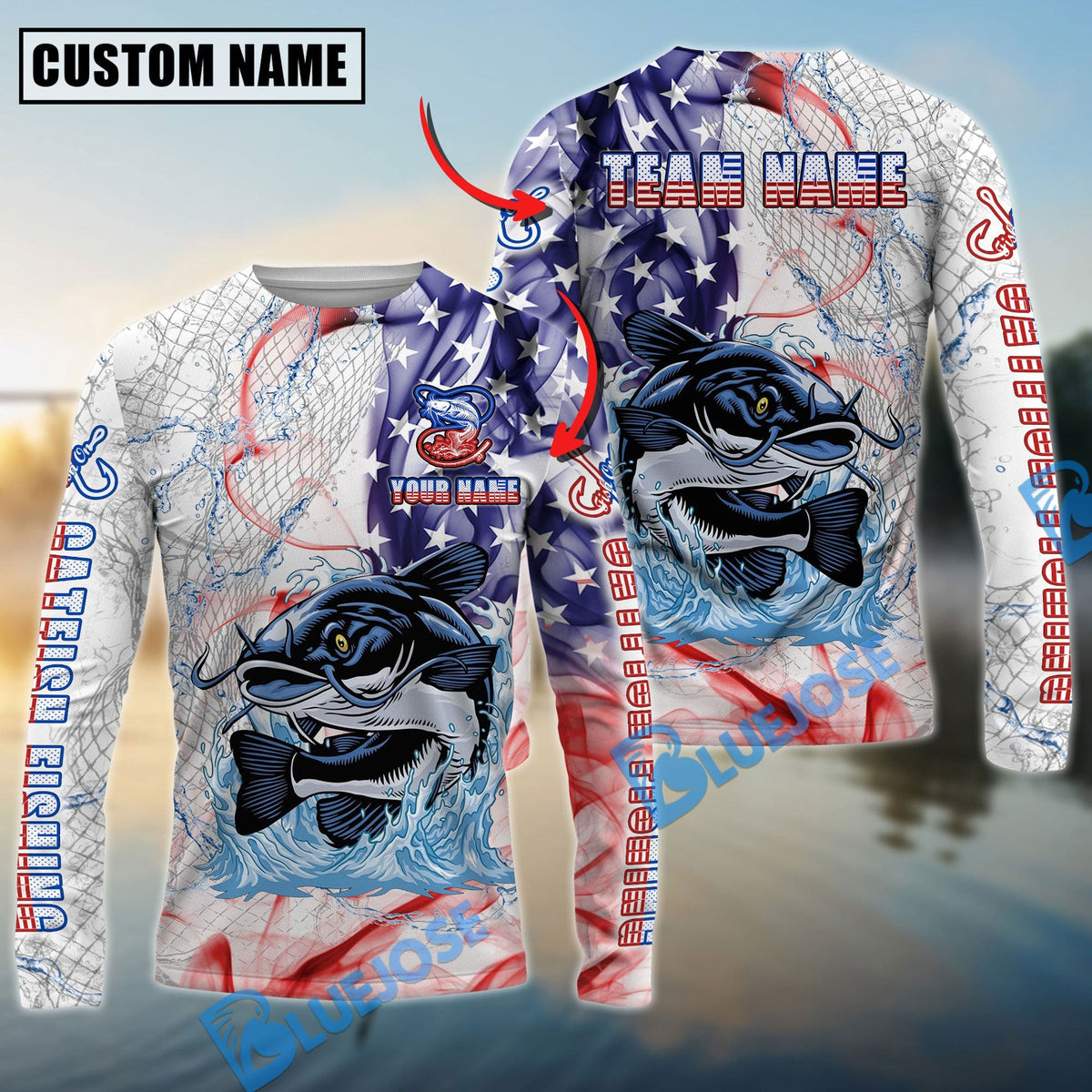 BlueJose Catfish Fishing US Flag Pattern Design Name & Team Name 3D Shirts