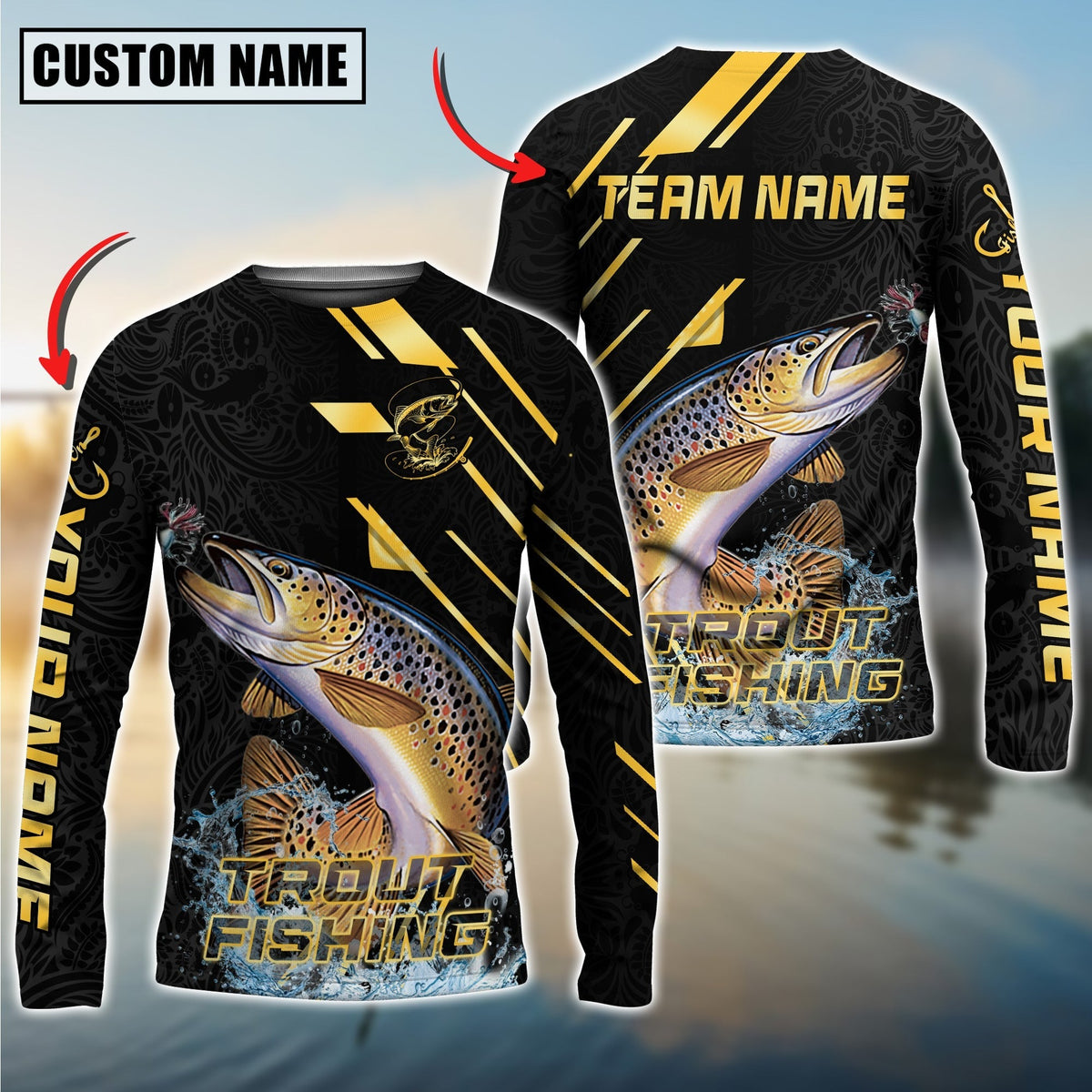 BlueJose Trout Fishing Gold Black Pattern Design Name & Team Name 3D Shirts