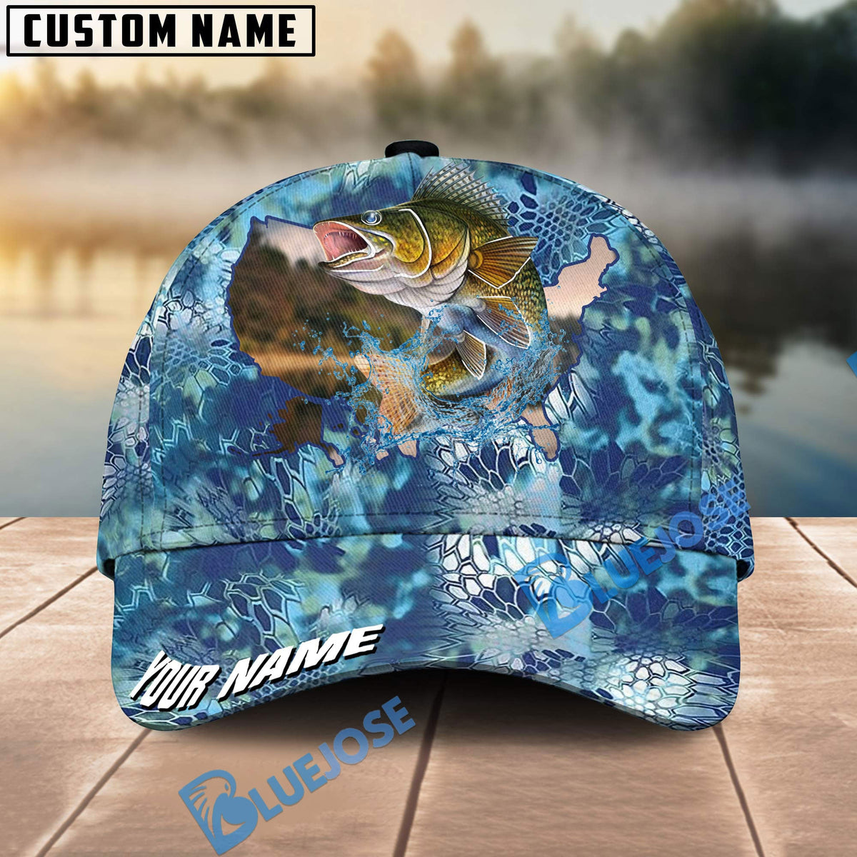 BlueJose Walleye Fishing US Map Fish Skin Pattern Personalized Cap