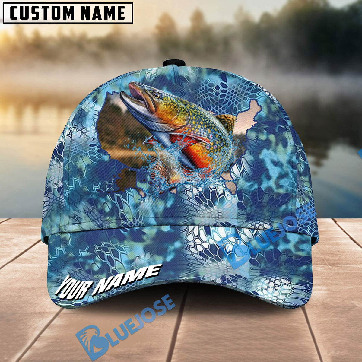 BlueJose Trout Fishing US Map Fish Skin Pattern Personalized Cap