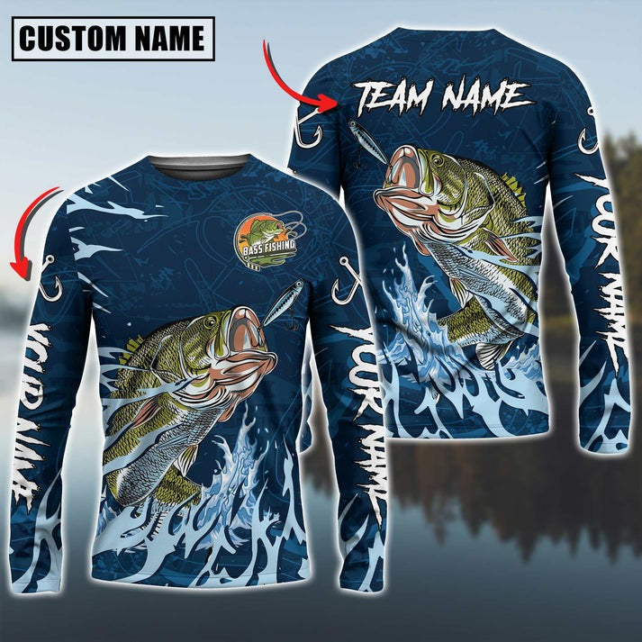 BlueJose Bass Fishing Navy Water Pattern Custom Name & Team Name 3D Shirts