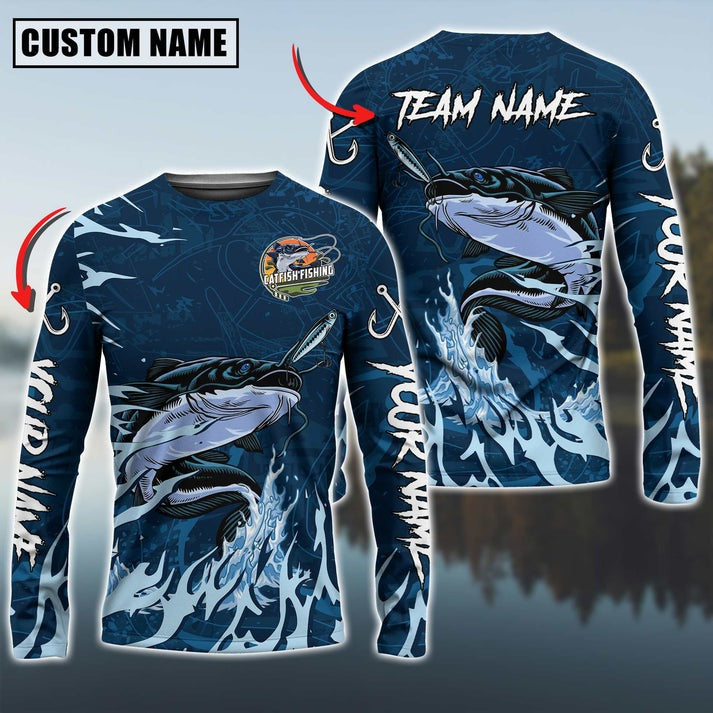 BlueJose Catfish Fishing Navy Water Pattern Custom Name & Team Name 3D Shirts