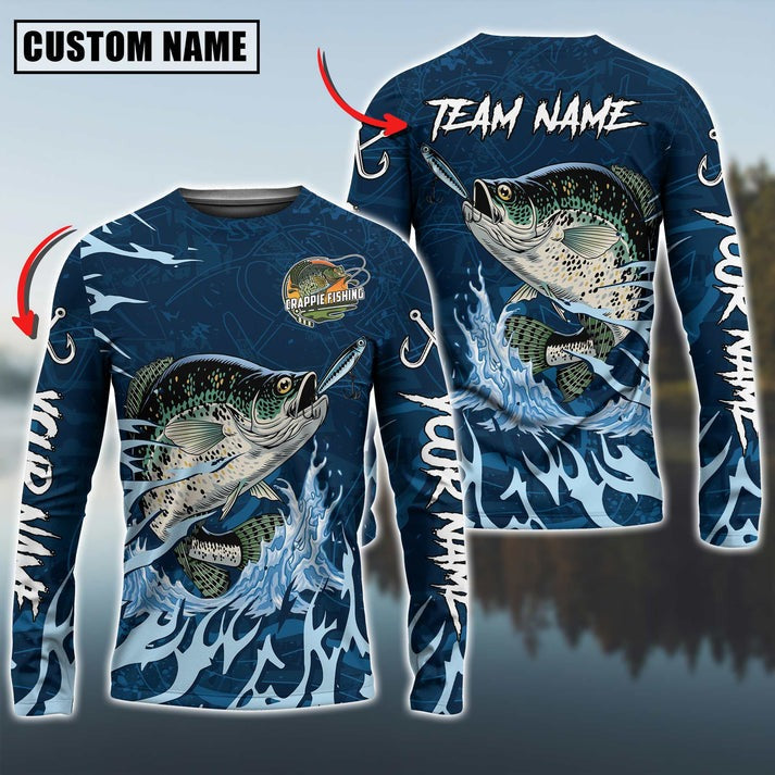 BlueJose Crappie Fishing Navy Water Pattern Custom Name & Team Name 3D Shirts