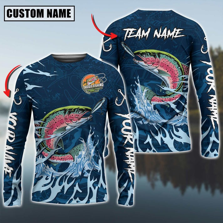BlueJose Trout Fishing Navy Water Pattern Custom Name & Team Name 3D Shirts