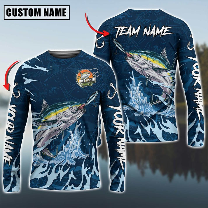 BlueJose Tuna Fishing Navy Water Pattern Custom Name & Team Name 3D Shirts