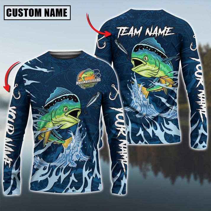 BlueJose Mahi-Mahi Fishing Navy Water Pattern Custom Name & Team Name 3D Shirts