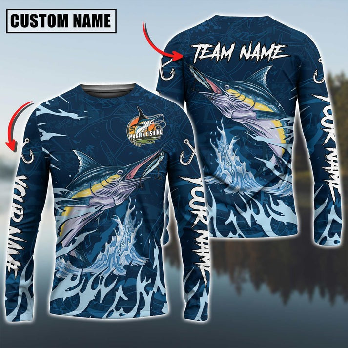 BlueJose Marlin Fishing Navy Water Pattern Custom Name & Team Name 3D Shirts