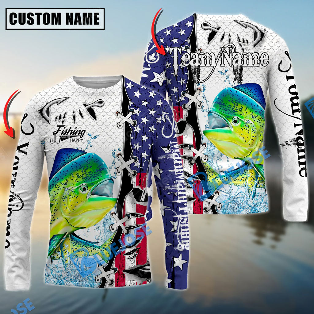 BlueJose Mahi-Mahi Fishing American Flag Splash Custom Name & Team Name 3D Shirts