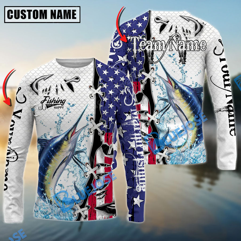 BlueJose Marlin Fishing American Flag Splash Custom Name & Team Name 3D Shirts