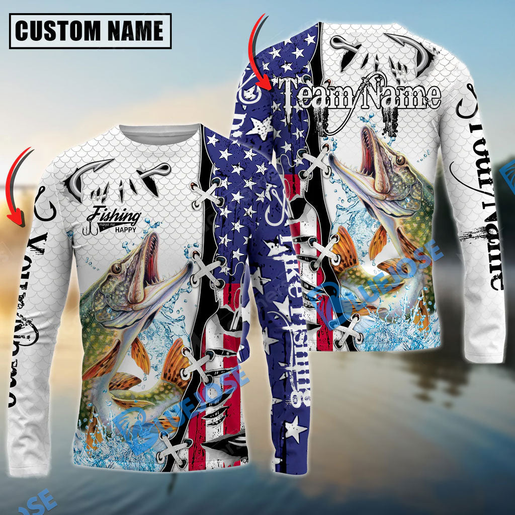 BlueJose Pike Fishing American Flag Splash Custom Name & Team Name 3D Shirts