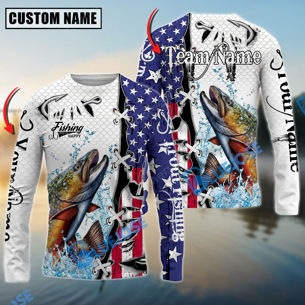 BlueJose Trout Fishing American Flag Splash Custom Name & Team Name 3D Shirts