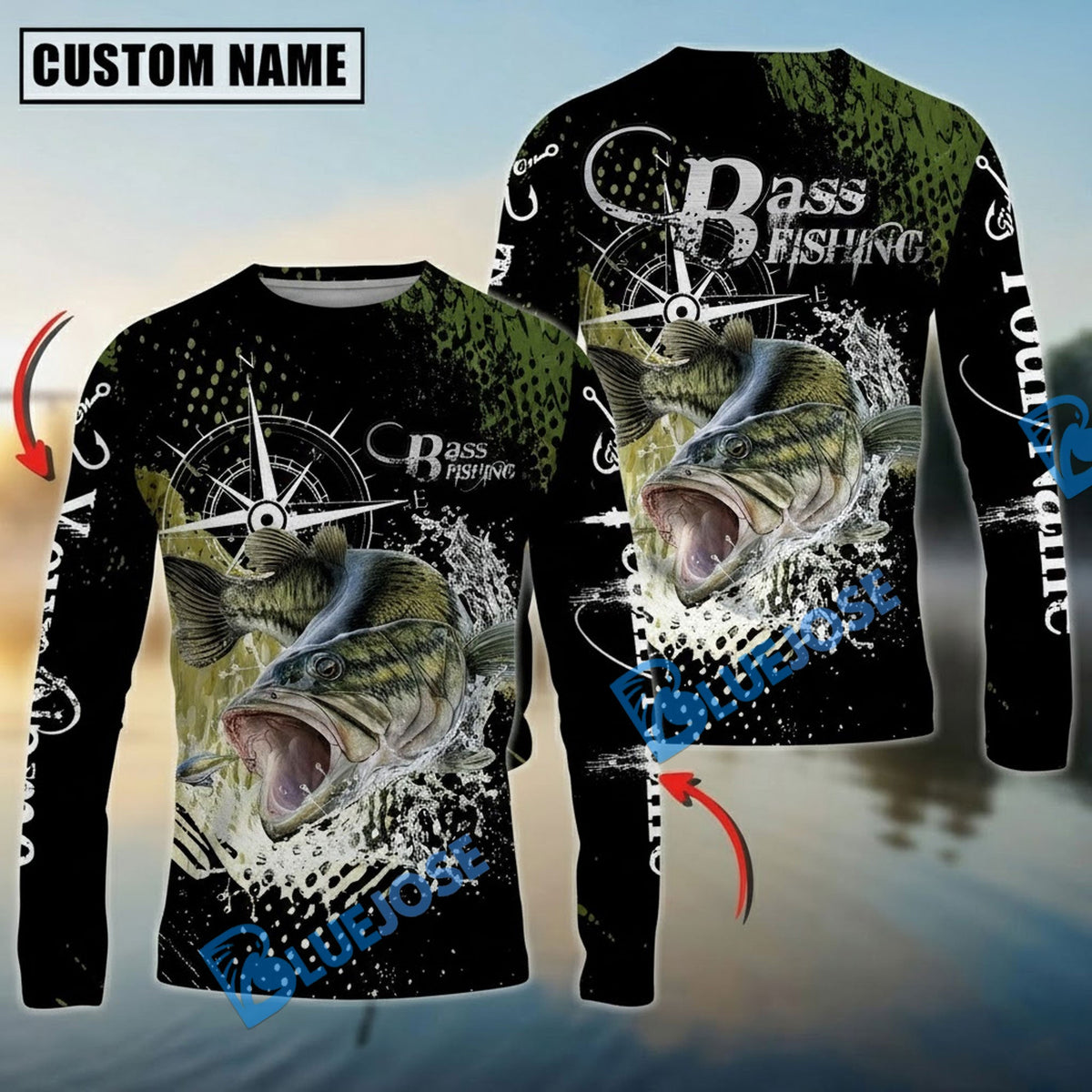 BlueJose Bass Fishing Compass Splash Custom Name & Team Name 3D Shirts