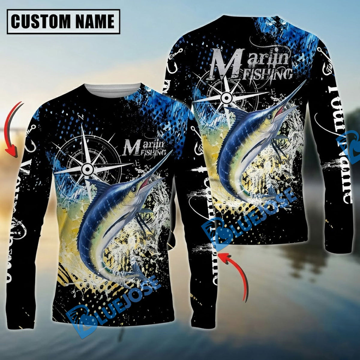 BlueJose Marlin Fishing Compass Splash Custom Name & Team Name 3D Shirts