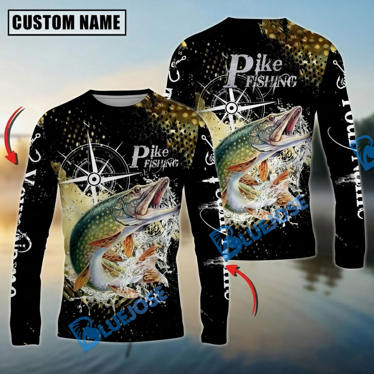 BlueJose Pike Fishing Compass Splash Custom Name & Team Name 3D Shirts