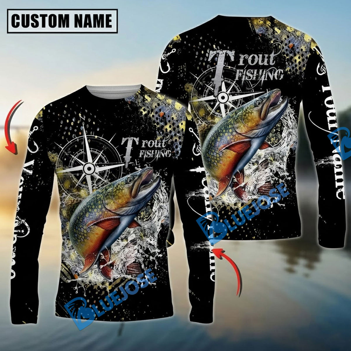 BlueJose Trout Fishing Compass Splash Custom Name & Team Name 3D Shirts
